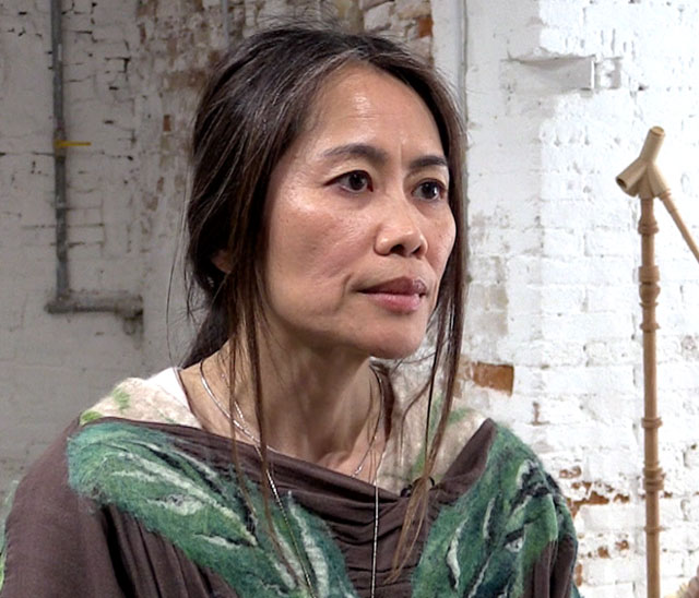 Shirley Tse speaking to Studio International at the opening of Stakeholders, Hong Kong in Venice 2019. Photo: Martin Kennedy.