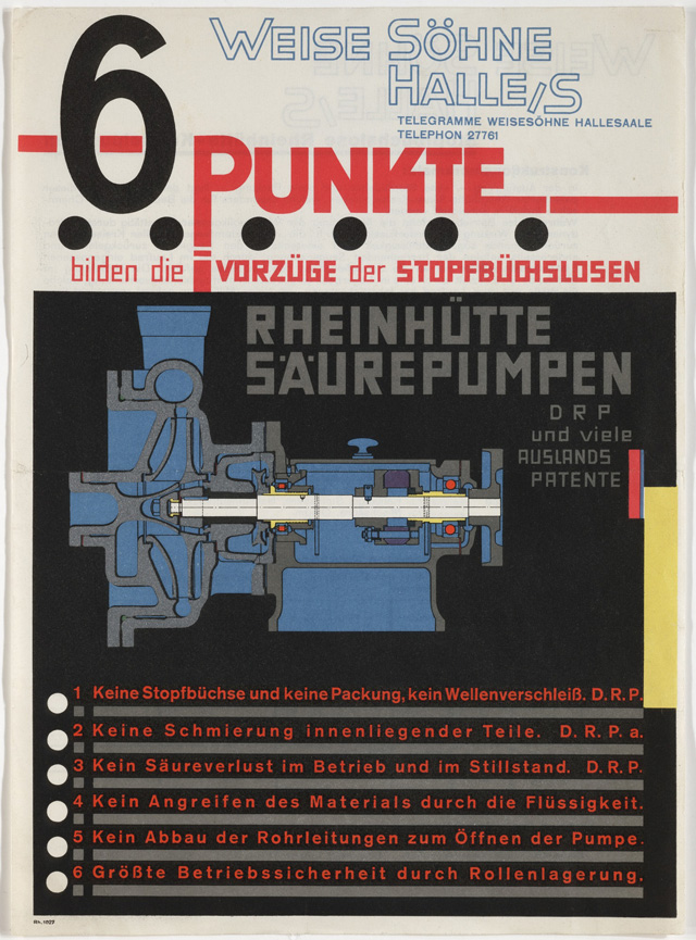 Kurt Schwitters. 6 Punkte bilden die Vorzüge der Stopfbüchslosen, Rheinhütte Säurepumpen, Weise Söhne, Halle/S (Six points create advantages for … acid pumps, Weise Sons, Halle/Saale) brochure, ca. 1927. Letterpress. The Museum of Modern Art, New York, Jan Tschichold Collection, Gift of Philip Johnson, 925.1999. Digital Image © The Museum of Modern Art/Licensed by SCALA / Art Resource, NY. © 2018 Artist Rights Society (ARS), New York / VG Bild-Kunst, Bonn.