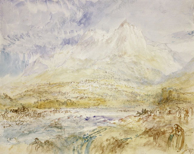 JMW Turner (1775-1851). Schwyz, about 1843. Watercolour over traces of black chalk with touches of pen and brown ink on paper, 22.6 x 28.8 cm. Collection: Scottish National Gallery, Henry Vaughan Bequest 1900. Photo: © National Galleries of Scotland | Antonia Reeve.