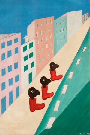 Tarsila do Amaral. City (The Street), 1929. Oil on canvas, 31 7/8 × 21 1/4 in (81 × 54 cm). Collection of Bolsa de Arte. © Tarsila do Amaral Licenciamentos.