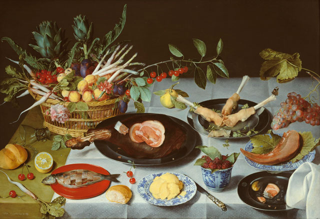 Jacob Van Hulsdonck. A Still Life of a laid Table, with Plates of Meat and Fish and a Basket of Fruit and Vegetables, c1615. On panel, the reverse prepared with gesso. Courtesy of Johnny Van Haeften Ltd, London.