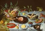 Jacob Van Hulsdonck. A Still Life of a laid Table, with Plates of Meat and Fish and a Basket of Fruit and Vegetables, c1615. On panel, the reverse prepared with gesso. Courtesy of Johnny Van Haeften Ltd, London.