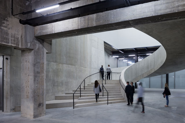 Tate Modern Switch House, interior view of concrete spiral staircase, level 0.