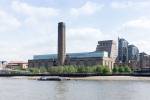 View across the River Thames to Tate Modern Boiler House and Switch House, with adjacent Rogers Stirk Harbour + Partners-designed apartments, Neo Bankside.