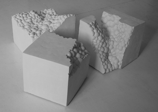 Almuth Tebbenhoff. 3 Molecubes, 2004-5. Earthstone clay.