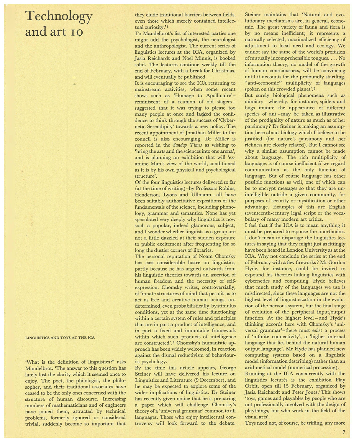 Technology and Art: Linguistics and Toys at the ICA. Studio International, Vol 179, No 918, January 1970, page 7.