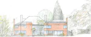 New Architecture by Trevor Dannatt. South elevation of the new house with the old house superimposed in outline.