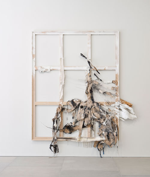 Rosy Keyser. Eve's First Confusion Between Penises and Snakes, 2012. String, sawdust, wood, enamel, dye and snakeskin 284.5 x 241.3 x 15.2 cm (112 x 95 x 6 in). © the artist. Image courtesy the artist and Blain|Southern. Photograph: Peter Mallet.