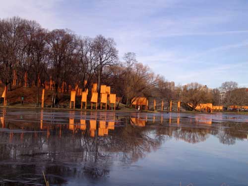 Christo. The Gates, Central Park North - 110th Street view, installation view, 2013. Photo: Miguel Angel.