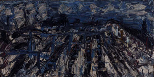 Leon Kossoff. Willesden Junction, Summer No.1, 1966. Oil on board, 91.4 x 152.4 cm. Private collection. © Leon Kossoff.