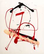 Franciszka Themerson. Calligramme VI (‘H’), 1960. Black, red, and cream enamel paint on paper, 63.5 x 52 cm.