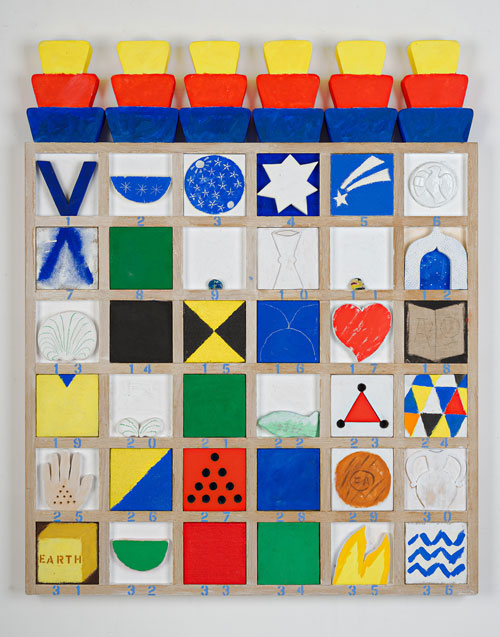 Joe Tilson. Finestra Veneziana Fondamenta Zattere-al Ponte Lungo, 2009. Acrylic, glass and Lattimo glass on wood relief, 132 x 107.5 cm/52 x 42 3/8 in.