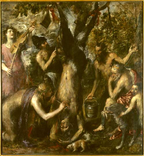 Titian. The Flaying of Marsyas, 1570-76. Oil on canvas, 212 x 207 cm © Arcibiskupsky zamek a zahrady v Kromerízí, Kromrízí_