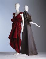 Isabel Toledo. (Left) Hermaphrodite Dress, circa 2005. 
Garnet silk taffeta.

(Right) Cocoon Sleeve Gown, Spring/Summer 1998. Taupe silk taffeta. Photograph by William Palmer.
