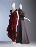 Isabel Toledo. (Left) Hermaphrodite Dress, circa 2005. 
Garnet silk taffeta.

(Right) Cocoon Sleeve Gown, Spring/Summer 1998. Taupe silk taffeta. Photograph by William Palmer.