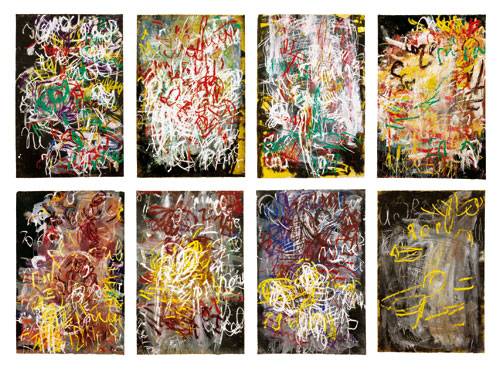 Aida Tomescu. All works are ink, pastel and oil pigment on Velin Arches, 120 x 80 cm. Top row, from left to right:
Fons I 2009; Fons 2009; Fons II 2009; Fons III 2009. Bottom row, from left to right: Sodium IV 2009; Sodium 2009; Sodium II 2009; Cyr 2009. Copyright © Aida Tomescu. Photo: Jenni Carter.