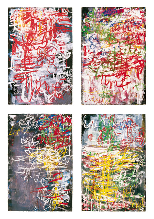 Aida Tomescu. All works are mixed media on paper, 120 x 80 cm. Top left: Louisiane, 2008. Top right: Neon, 2008. Bottom left: Ravel I, 2008. Bottom right: Poisson d’or, 2008. Copyright © Aida Tomescu. Photo: Jenni Carter.