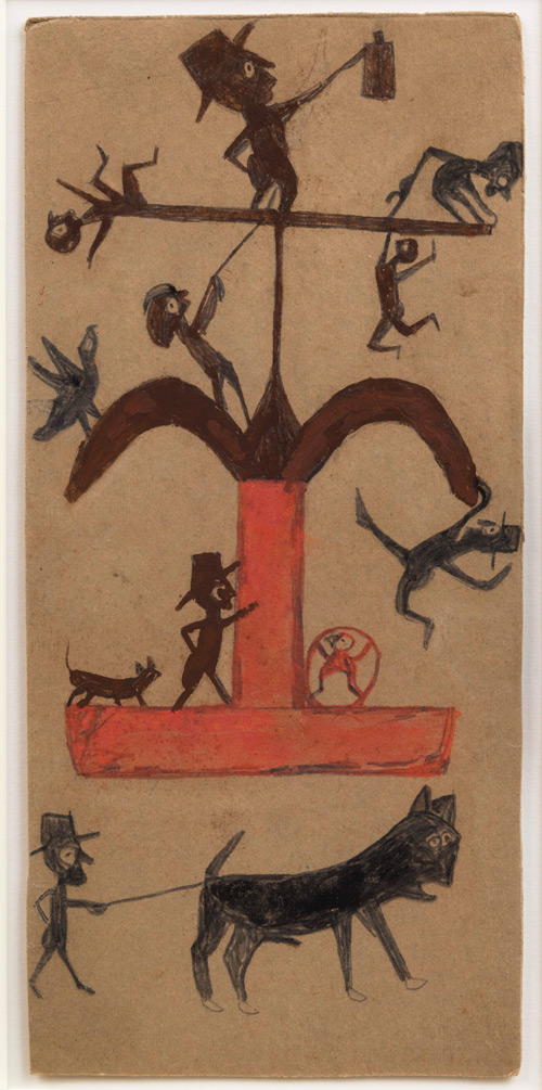 Bill Traylor. Untitled (Figure: Construction, Black, Brown, Red), Montgomery, 1940–1942. Pencil and poster paint on cardboard, 15 1/8 x 7 1/4 in. Collection of Audrey Heckler. Photograph: Adam Reich.