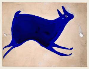 Bill Traylor. Untitled (Blue Rabbit Running), Montgomery 1939–1942. Poster paint and pencil on cardboard, 9 x 11 7/8 in. Louis-Dreyfus Family Collection.