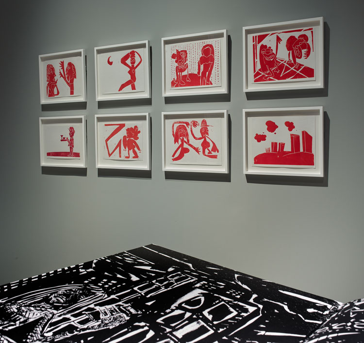 Cedar Lewisohn. Untitled (Red Woodprints, Lewisham series), 2020 and Black Drawings, 2015, installation view, UNTITLED: Art on the conditions of our time, 2021, Kettle’s Yard, Cambridge. Photo: Stephen White.