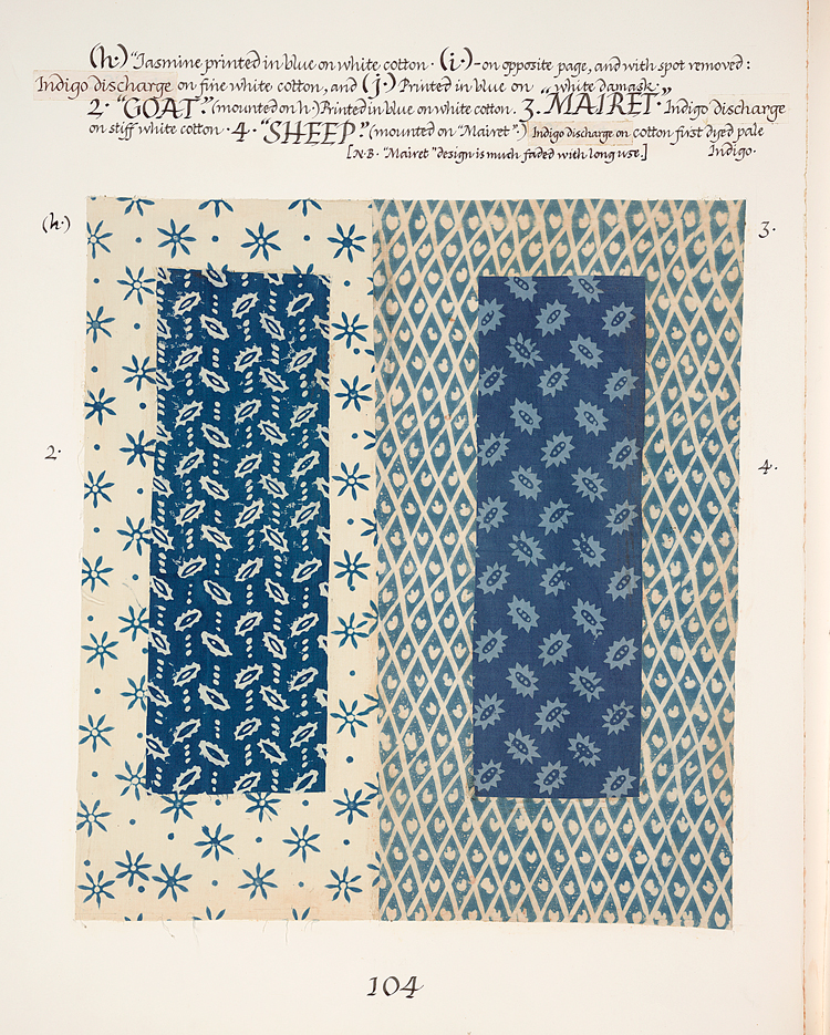 Robert Tanner, Duplicate sample book showing ‘Jasmine’, ‘Goat’, ‘Mairet’ and ‘Sheep’, 1970s. Block print on cotton in book. © Crafts Study Centre/Crafts Study Centre 2004 .
