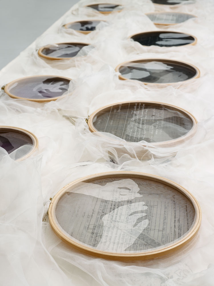 Caroline Bartlett, Conversation Pieces 2003. Embroidery hoops with printed and stitched fabric. © The Artist. Courtesy of the Whitworth, The University of Manchester.