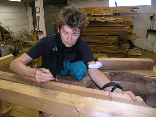 Ursula von Rydingsvard marking in her studio, 2005. Photograph: Zonder Titel. © Ursula von Rydingsvard. Courtesy Galerie Lelong, New York.