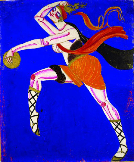 Alexandra Exter. Innokentii Annensky, Famira Kifared, Chamber Theatre, Moscow, Dir. O. Tairov, 1916. Costume sketch, Bacchante,
gouache on paper, 17 x 14⅜ in (45 x 36.5 cm).