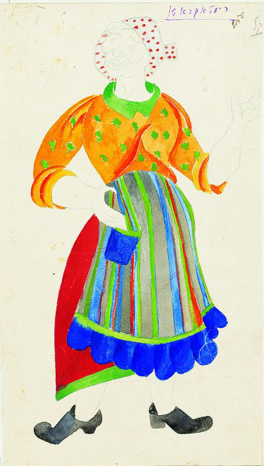 Marko Epshtein, Sholem Aleichem. Aristocrats. First all-Ukrainian State Jewish Theatre, Kharkiv, Dir. M. Norvyd, 1927–28. Costume sketch, Rikl, watercolour on paper, 10⅝ x 5⅞ in (27 x 15 cm).