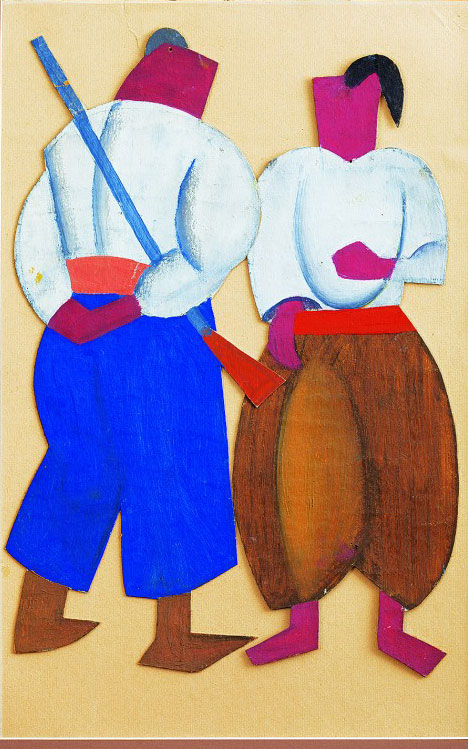 Kost (Kostiantyn) Yeleva, Ivan Haliun. The Rapids Pound, Ivan Franko Theatre, Kyiv, Dir. Ye. Kokhanenko, 1927. Sketches of costumes, applique and oil on cardboard, 16 x 13 in (42 x 33 cm).