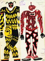 Borys Kosarev, Ivan Kocherha. Marko in Hell, State Red Factory Theatre, Kharkiv, Dir. V. Vasylko, 1928. Costume sketches, Two Devils, gouache on paper, 15 x 12 in (39.5 x 31 cm).