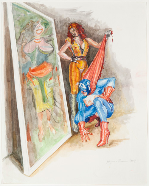 Margaret Harrison. What’s That Long Red Limp Wrinkly Thing You’re Pulling On?, 2009. Watercolour and coloured pencil on paper, 23 ⅞ x 18 ⅞ in. Ronald Feldman Fine Arts Inc. New York. © Margaret Harrison, photograph by Casey Dorobek.