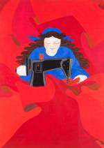 Gülsün Karamustafa. First of May (Woman Constantly Sewing Red Flags with Her Sewing Machine), 1977. Mixed media on paper, 32¼ x 24½ in. Courtesy of the artist and Rampa Gallery, Istanbul. © Gülsün Karamustafa, image provided by the artist.