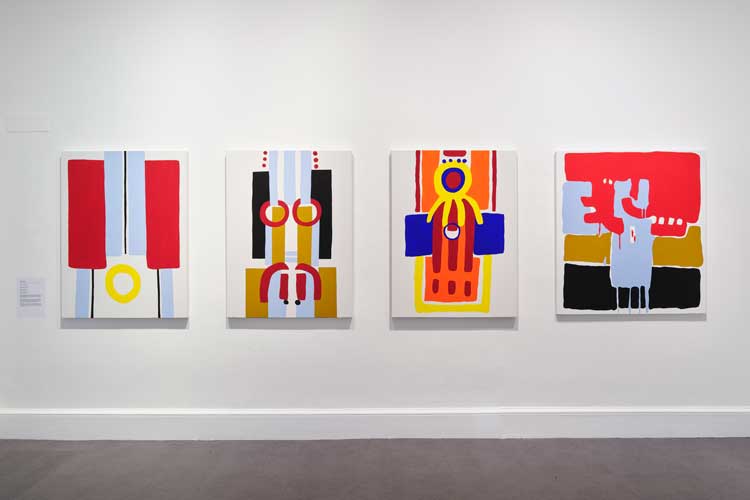 Left to right: Brujo Rojo, Brujo Celeste, Brujo Polpo, Tierra Negra, Celia Vicuña, 1966-2023. Courtesy the artist. Installation view, IMMA, Dublin, 7 November 2025 – 5 July 2026. Photo: Ros Kavanagh.
