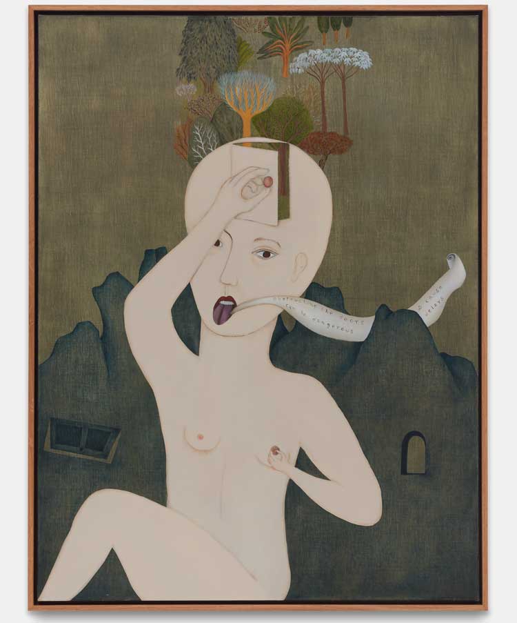 Cecilia Vicuña, Obstructing the Doors is Dangerous, 1972/2023. Oil on canvas, 101.6 x 76.2 cm. Private collection. Courtesy the artist and Xavier Hufkens, Brussels. © 2025 Cecilia Vicuña.