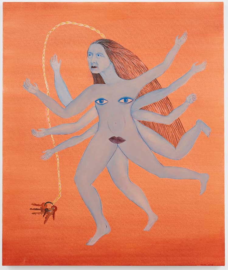 Cecilia Vicuña, Llaverito (Blue Lady) / Ladilla, Crab, 2019. Oil on canvas. 109.22 x 91.44 cm. Private collection. Courtesy the artist and Lehmann Maupin, New York, Seoul, and London. © 2025 Cecilia Vicuña.