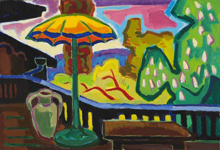 Karl Schmidt-Rottluff, Veranda with Parasol, 1958. Oil on canvas. Brücke-Museum, Karl und Emy Schmidt-Rottluff Stiftung. © VG Bild-Kunst, Bonn.