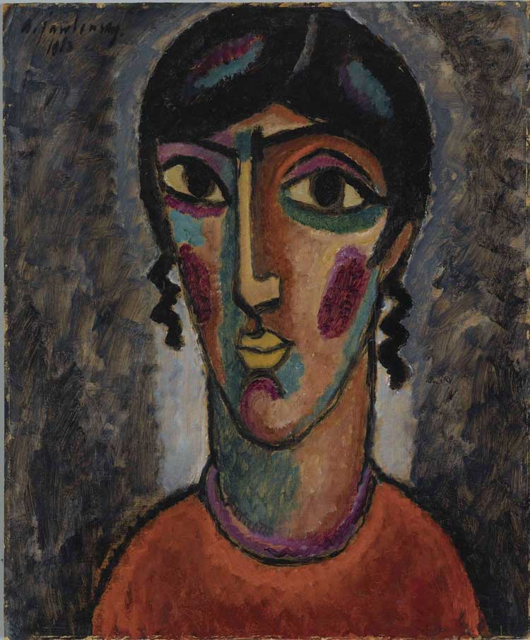 Alexej von Jawlensky, Spanish Woman (Woman’s Head against Grey Background), 1913. Oil on card-board. Museum Wiesbaden, acquired from the Estate of Hanna Bekker vom Rath 1987. Photo: Museum Wiesbaden / Bernd Fickert. © VG Bild-Kunst, Bonn.