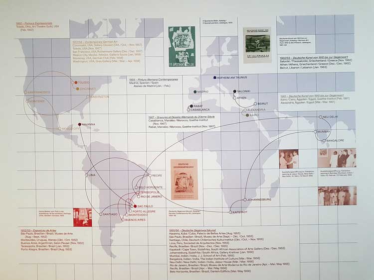 The map showing Hanna Bekker vom Rath's travels. Exhibition Design: Pool Practice. Photo: Sabine Schereck.