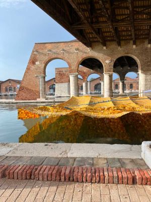 Serge Attukwei Clottey hung two structures made from plastic gallon bottles inside and outside the Arsenale. Photo: Veronica Simpson.