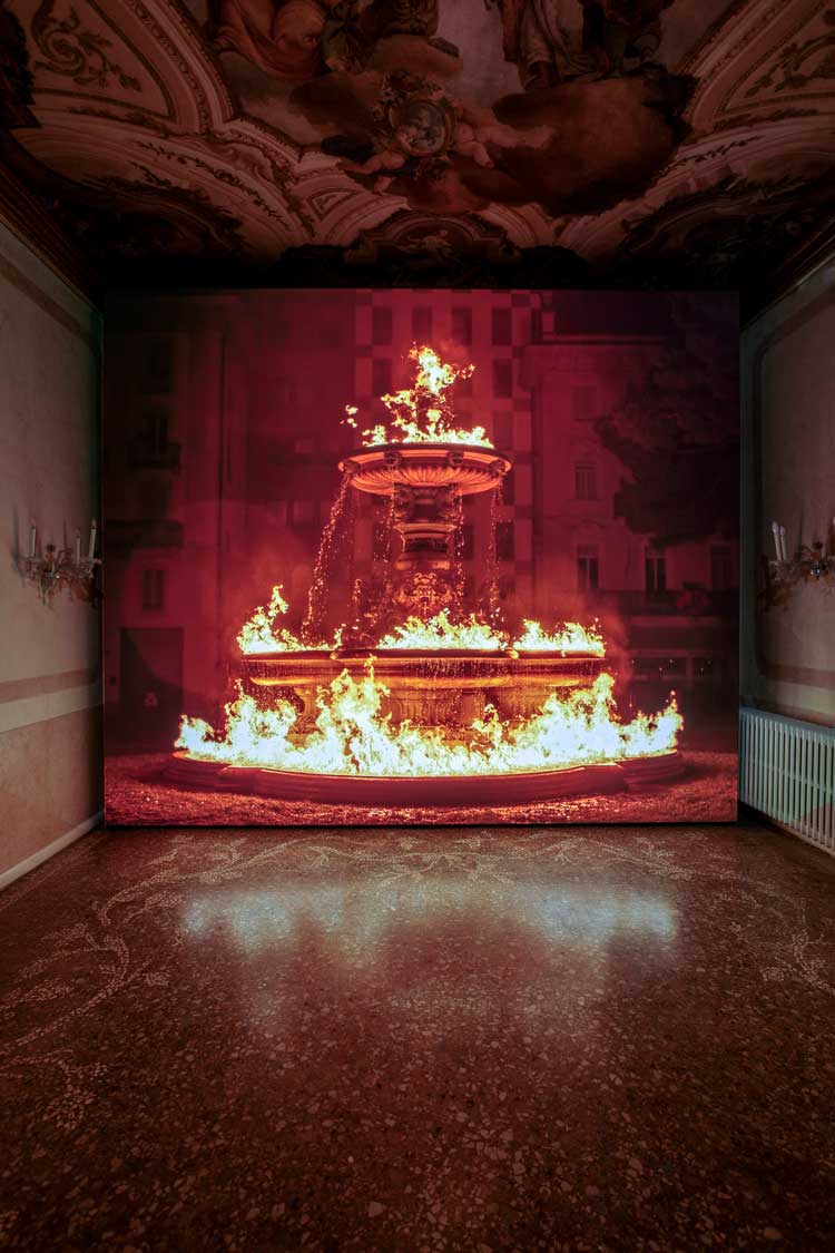 Julian Charrière, All Beneath It Flows Liquid Fire, 2019. Installation view of Uncombed, Unforeseen, Constrained, presented by Parasol Unit at Conservatorio di Musica Benedetto Marcello, Venice. Photography © Francesco Allegretto.