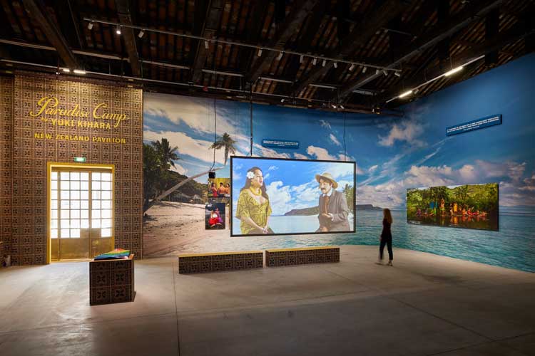 Yuki Kihara, Paradise Camp, curated by Natalie King. Installation view, New Zealand Pavilion, Venice Biennale, 2022. Photo: Luke Walker.