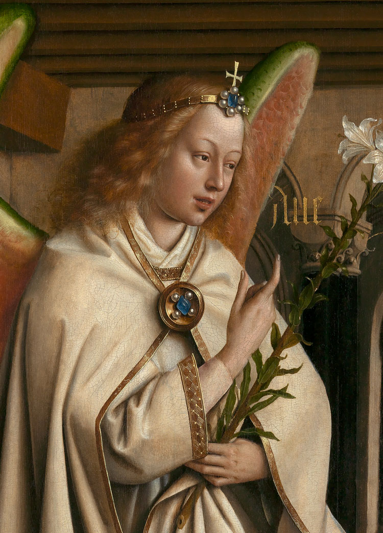 Jan and Hubert van Eyck. The Adoration of the Mystic Lamb, 1432. Detail of panel showing the Archangel Gabriel's Annunciation to Mary. Oil on panel. Saint Bavo’s Cathedral, Ghent. © www.lukasweb.be - Art in Flanders vzw.