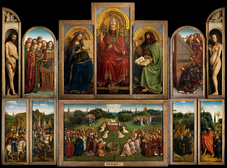 Jan and Hubert van Eyck. The Adoration of the Mystic Lamb, 1432. Inner panels of the open altarpiece. Oil on panel. Saint Bavo’s Cathedral, Ghent. © www.lukasweb.be - Art in Flanders vzw.