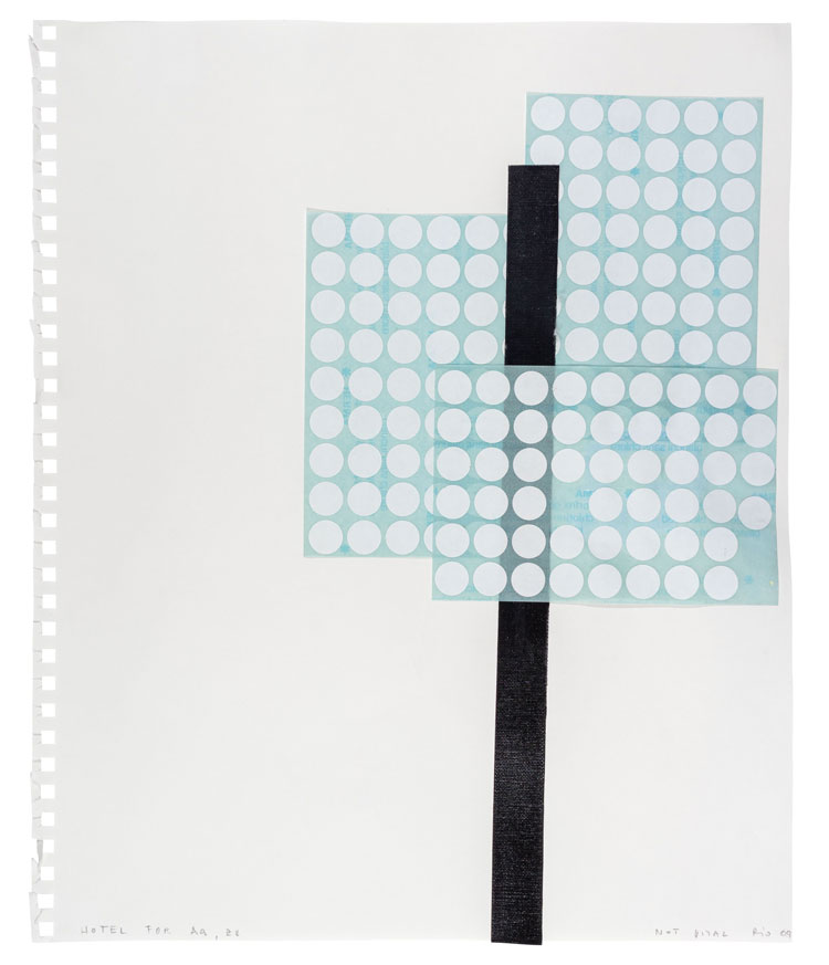 Not Vital. Hotel for Aa, ZH, 2009. Stickers, glue, tape and pencil on paper, 43.2 x 35.6 cm (17 x 14 in). Image © Not Vital. Courtesy of the artist and Hauser & Wirth.