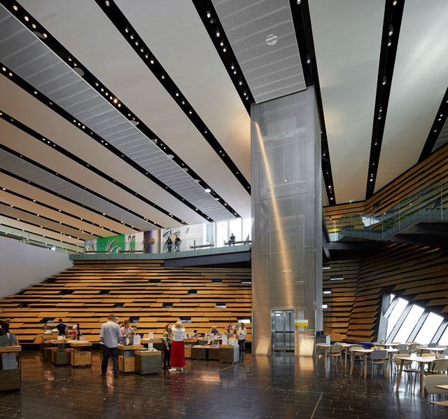 V&A Dundee, Scotland. Cafe and glass elevator. © HuftonCrow.