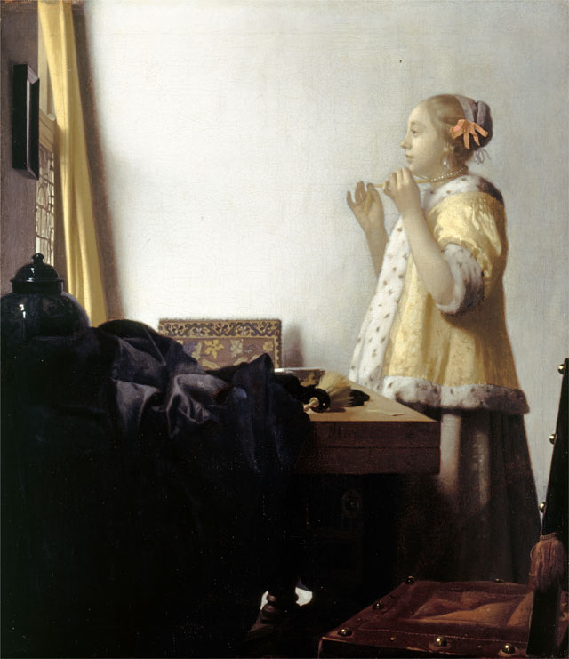 Johannes Vermeer. Woman with a Pearl Necklace, c1662-65. Oil on canvas, 51.2 x 45.1 cm (20 3/16 x 17 3/4 in). Staatliche Museen zu Berlin, Gemäldegalerie.
