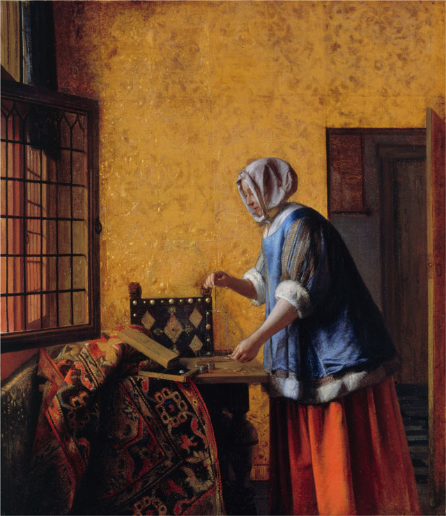 Pieter de Hooch. Woman Weighing Coins, c1664. Oil on canvas, 61 × 53 cm (24 × 20 7/8 in). Gemäldegalerie Staatliche Museen zu Berlin Preußischer Kulturbesitz, Property of Kaiser Friedrich Museumsverein, Photograph: Jörg P. Anders.