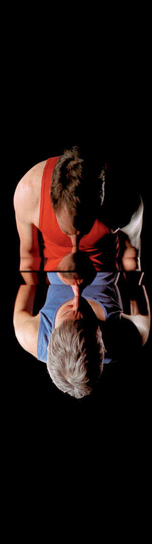Bill Viola. Surrender, 2001. Colour video diptych on two flat panel displays mounted vertically on wall, 80 3/8 x 24 x 3 1/2 in (204.2 x 61 x 8.9 cm), 18:00 minutes. Performers: John Fleck, Weba Garretson.