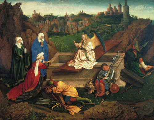 Jan van Eyck. The Three Marys at the Tomb, c1430-35. Panel, 71.5 x 90 cm. Rotterdam, Museum Boijmans, Van Beuningen.